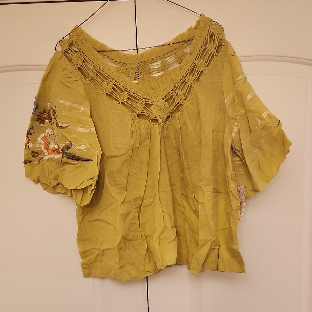 Free People Yellow Embroidered Blouse